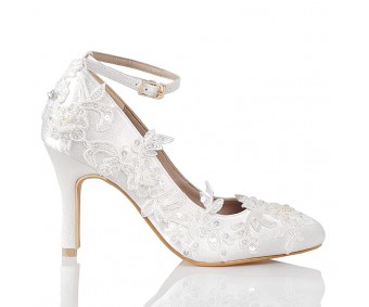 * Elsa Ivory White Satin With White Lace Wedding Shoes